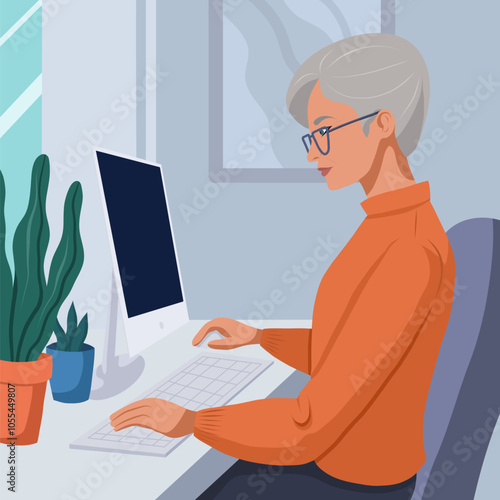 Vector illustration old woman studying at computer in modern flat style. Remote work of freelancer at home. Granny working at distance on retired