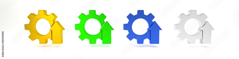 Colorful Arrow growth gear business icon isolated on white background. Productivity icon. Minimalism concept. 3D render illustration Colorful Arrow growth gear business icon isolated on white background. Productivity icon. Minimalism concept. 3D render illustration