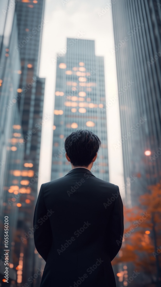 A man in a suit stands in front of a tall building, looking up at the sky A man in a suit stands in front of a tall building, looking up at the sky