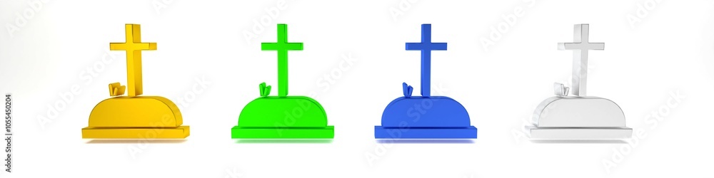 Colorful Tombstone with cross icon isolated on white background. Grave icon. Minimalism concept. 3D render illustration Colorful Tombstone with cross icon isolated on white background. Grave icon. Minimalism concept. 3D render illustration