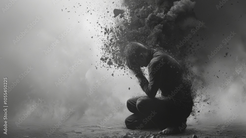 Obraz premium Man Disintegrating Despair Loneliness Emotional Pain Black and White Photography