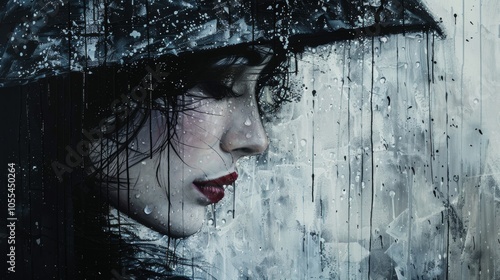 Rainy Day Portrait Woman with Red Lips and Wet Hair photo