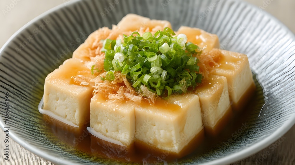 A plate of agedashi tofu, lightly fried tofu served in a warm dashi broth, topped with bonito flakes and green onions.
A plate of agedashi tofu, lightly fried tofu served in a warm dashi broth, topped with bonito flakes and green onions.