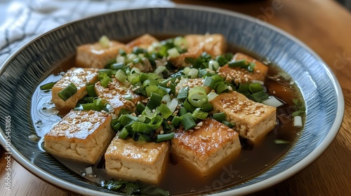 A plate of agedashi tofu, lightly fried tofu served in a warm dashi broth, topped with bonito flakes and green onions.


 photo