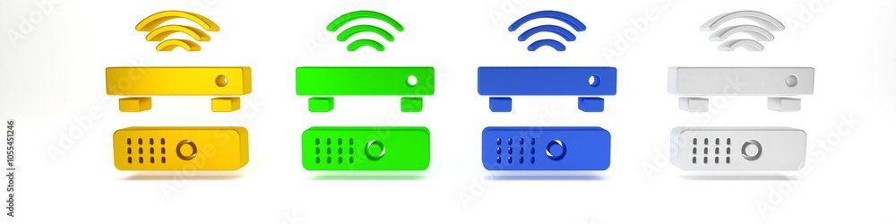 Colorful Wireless multimedia and TV box receiver and player with remote controller icon isolated on white background. Minimalism concept. 3D render illustration Colorful Wireless multimedia and TV box receiver and player with remote controller icon isolated on white background. Minimalism concept. 3D render illustration