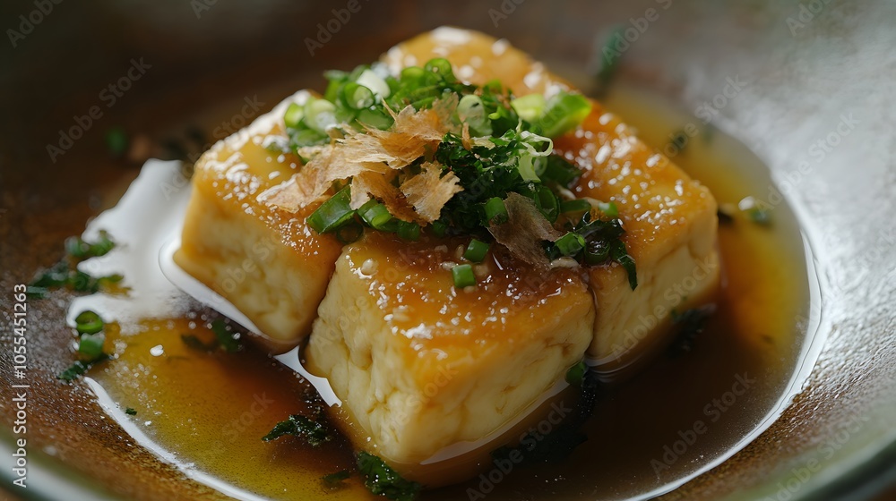 A plate of agedashi tofu, lightly fried tofu served in a warm dashi broth, topped with bonito flakes and green onions.
A plate of agedashi tofu, lightly fried tofu served in a warm dashi broth, topped with bonito flakes and green onions.