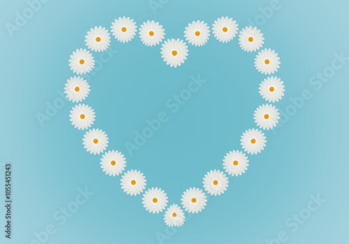 Corazón de margaritas sobre fondo degradado azul