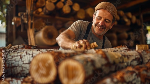 Happy Carpenter Working with Wood in Workshop