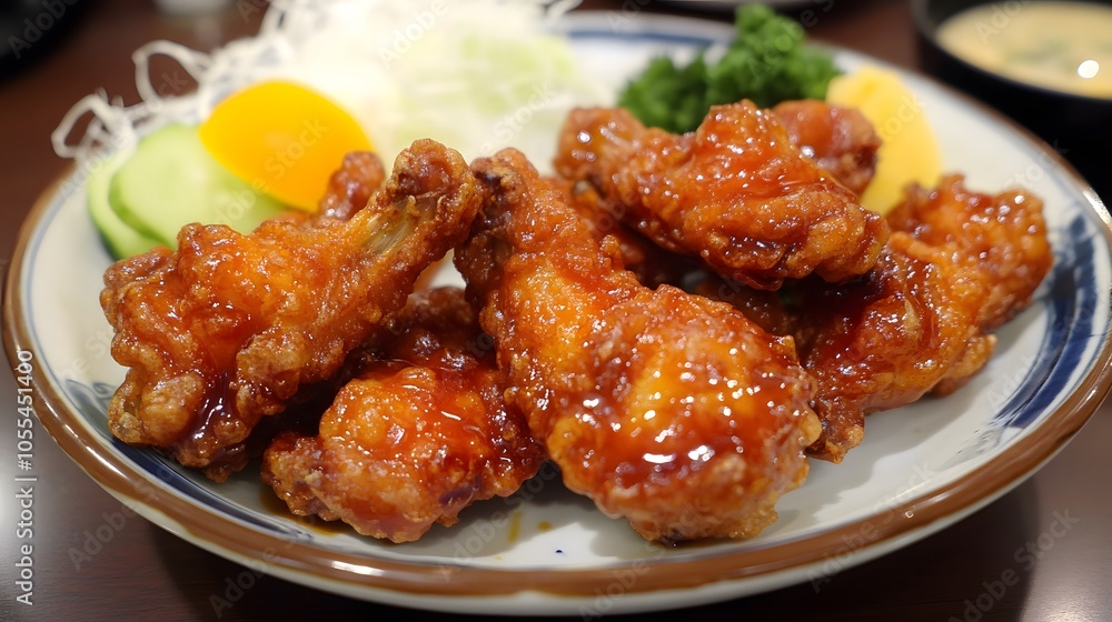 A plate of karaage, Japanese-style fried chicken, marinated in soy sauce, ginger, and garlic, crispy and juicy.
A plate of karaage, Japanese-style fried chicken, marinated in soy sauce, ginger, and garlic, crispy and juicy.