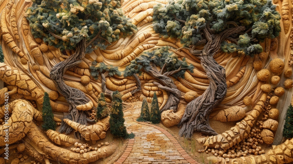 Obraz premium Sculptural Landscape with Trees and Brick Pathway Nature Art Installation