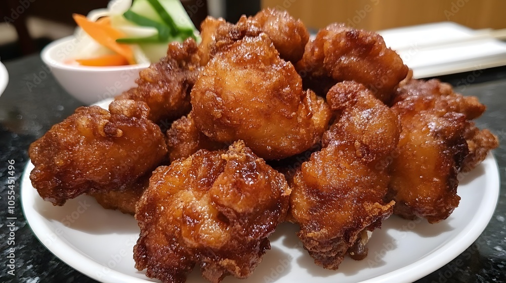 A plate of karaage, Japanese-style fried chicken, marinated in soy sauce, ginger, and garlic, crispy and juicy.
A plate of karaage, Japanese-style fried chicken, marinated in soy sauce, ginger, and garlic, crispy and juicy.