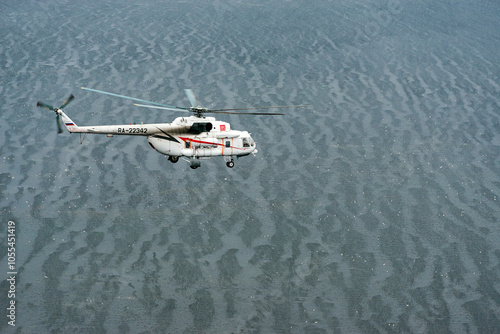 Russia - 10 November 2017: Aerial view of beautiful Caspian Sea from a helicopter, Russia. photo