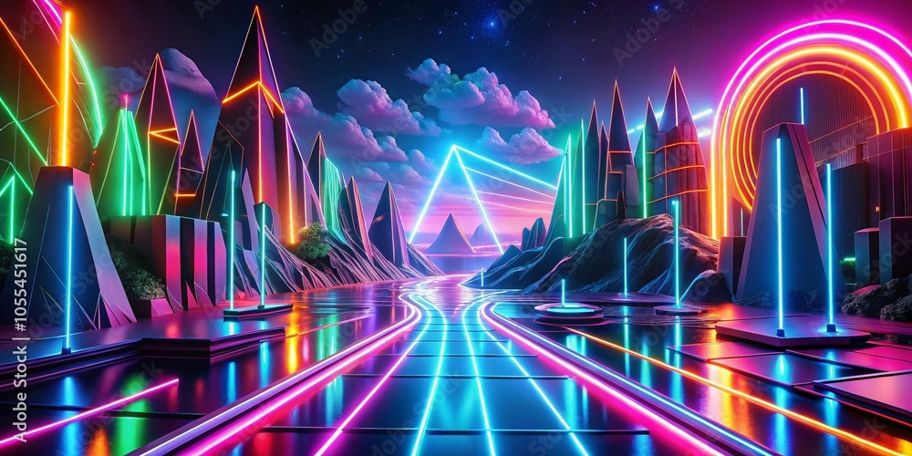Futuristic Landscape with Glowing Neon Lines and 3D Elements for Stunning Visuals Futuristic Landscape with Glowing Neon Lines and 3D Elements for Stunning Visuals