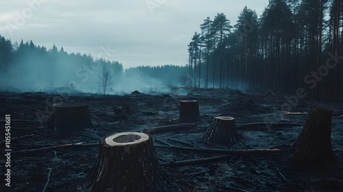 A striking visual of a deforested area with stumps and burnt trees, illustrating the impact of climate change on wildlife habitats photo