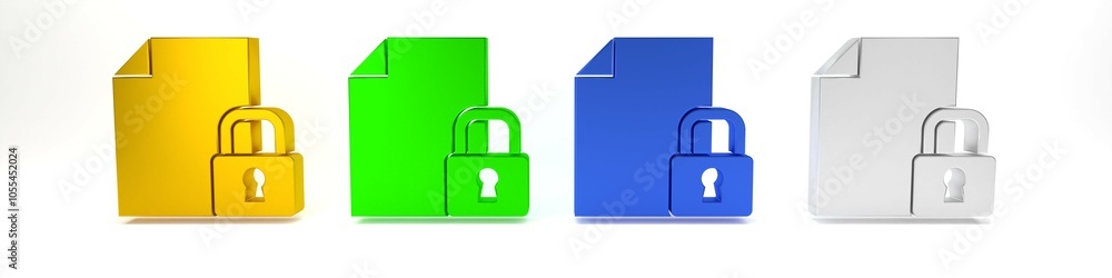 Colorful Document and lock icon isolated on white background. File format and padlock. Security, safety, protection concept. Minimalism concept. 3D render illustration Colorful Document and lock icon isolated on white background. File format and padlock. Security, safety, protection concept. Minimalism concept. 3D render illustration