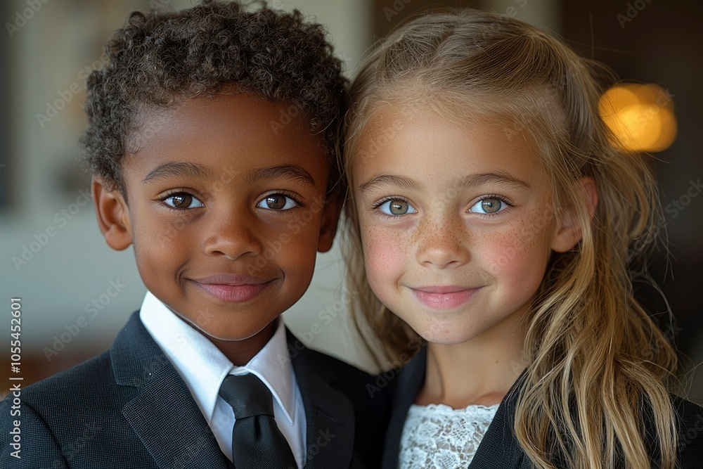 Portrait of a young boy and girl, both dressed in formal attire, smiling at the camera. Portrait of a young boy and girl, both dressed in formal attire, smiling at the camera.