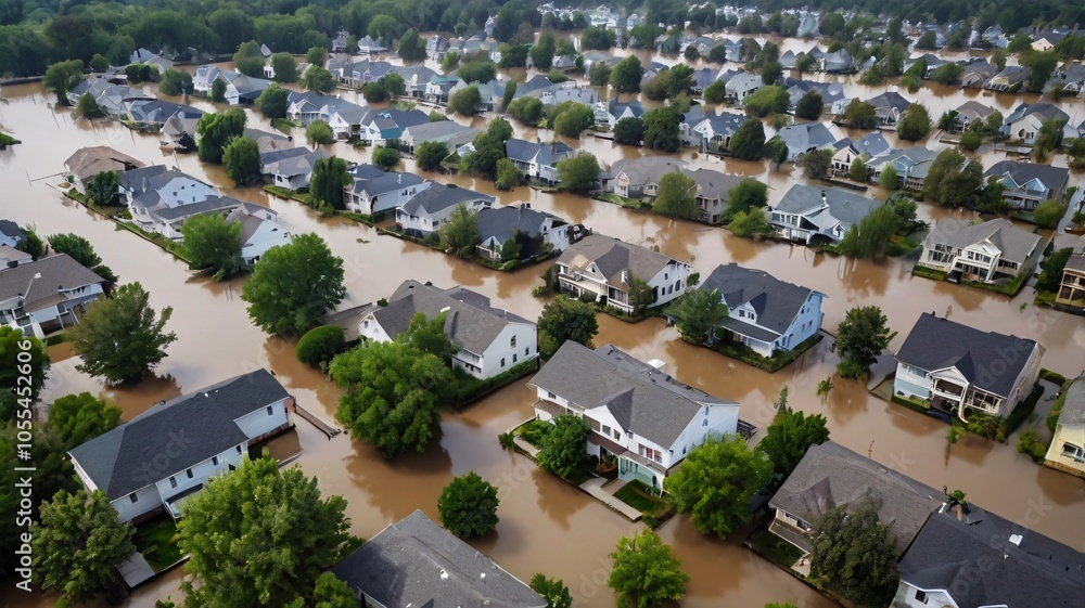 A residential neighborhood submerged in floodwaters, with only the rooftops and upper floors of houses visible above the murky water, surrounded by trees partially underwater A residential neighborhood submerged in floodwaters, with only the rooftops and upper floors of houses visible above the murky water, surrounded by trees partially underwater