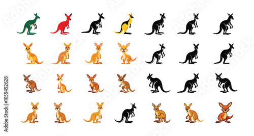 Cute cartoon Kangaroo, wild animal baby kangaroo. Nature safari little kangaroo vector illustration isolated on white background. Silhouette Kangaroo.