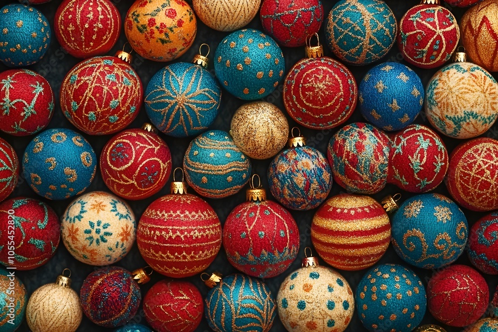Stylish pattern of Christmas motifs, such as Christmas tree balls and gifts, in warm colors Stylish pattern of Christmas motifs, such as Christmas tree balls and gifts, in warm colors