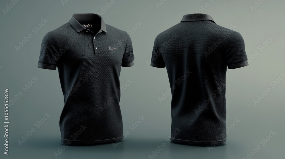 3D black polo T-shirt mockup template with front and back sides displayed on a transparent background, ready for logos. 3D black polo T-shirt mockup template with front and back sides displayed on a transparent background, ready for logos.