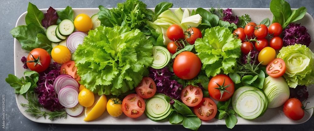 High-angle view of a vibrant vegetable platter with various ingredients like tomatoes, herbs, and lettuce, ready for a balanced meal High-angle view of a vibrant vegetable platter with various ingredients like tomatoes, herbs, and lettuce, ready for a balanced meal