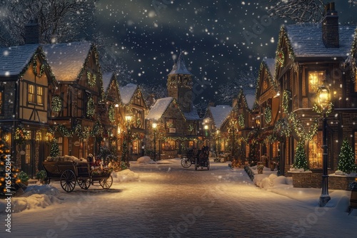 A traditional Christmas village background with cobblestone streets, snow-covered rooftops, and a horse-drawn carriage making its way through the town square. Wreaths and lights adorn each building. 