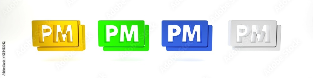 Colorful Clock PM icon isolated on white background. Time symbol. Minimalism concept. 3D render illustration Colorful Clock PM icon isolated on white background. Time symbol. Minimalism concept. 3D render illustration