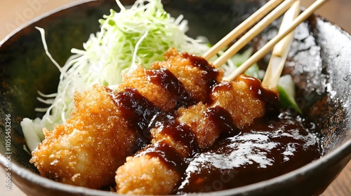 A serving of kushi katsu, skewered and deep-fried pork and vegetables, served with tonkatsu sauce.


 photo