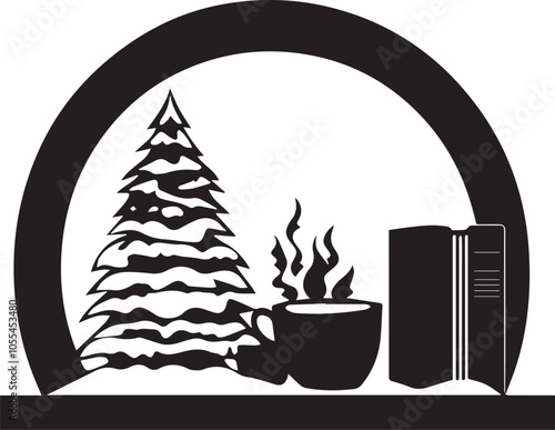 Silhouette of a cozy reading nook with a Christmas book and hot cocoa, vector silhouette