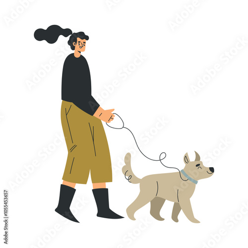 Woman Character Walking Dog Pet as Domestic Animal Vector Illustration