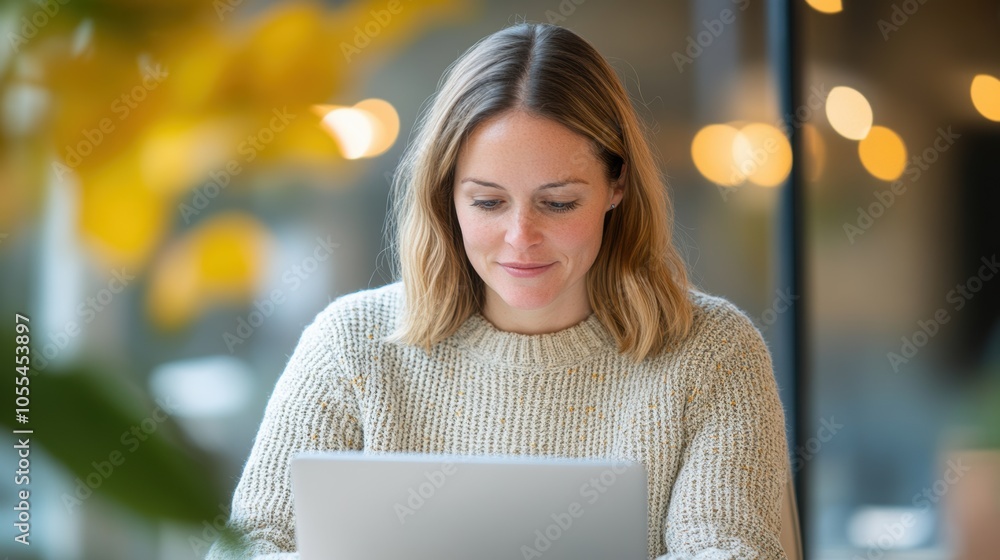 Fototapeta premium Engaged Woman Concentrates on Work During Interactive Virtual Business Session in a Bright Space
