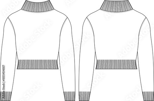 ribbed turtleneck high neck cuff hem long sleeve crop cropped sweater knitwear pullover template technical drawing flat sketch cad mockup fashion woman design style model 
