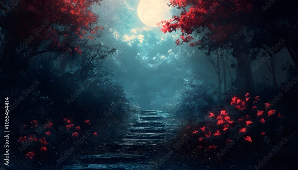 Stone Steps Leading Through a Mystical Forest Under a Full Moon Stone Steps Leading Through a Mystical Forest Under a Full Moon