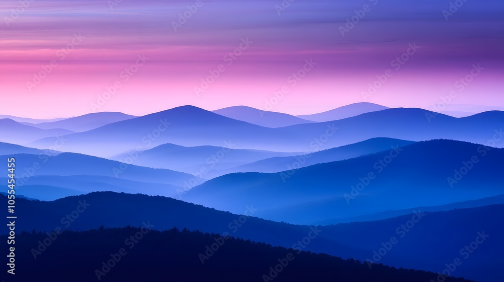 Obraz premium A misty mountain range at dusk with deep blue and purple hues in the sky