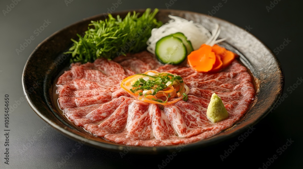 A serving of shabu-shabu, thinly sliced beef cooked quickly in hot broth, served with dipping sauces and vegetables.
A serving of shabu-shabu, thinly sliced beef cooked quickly in hot broth, served with dipping sauces and vegetables.