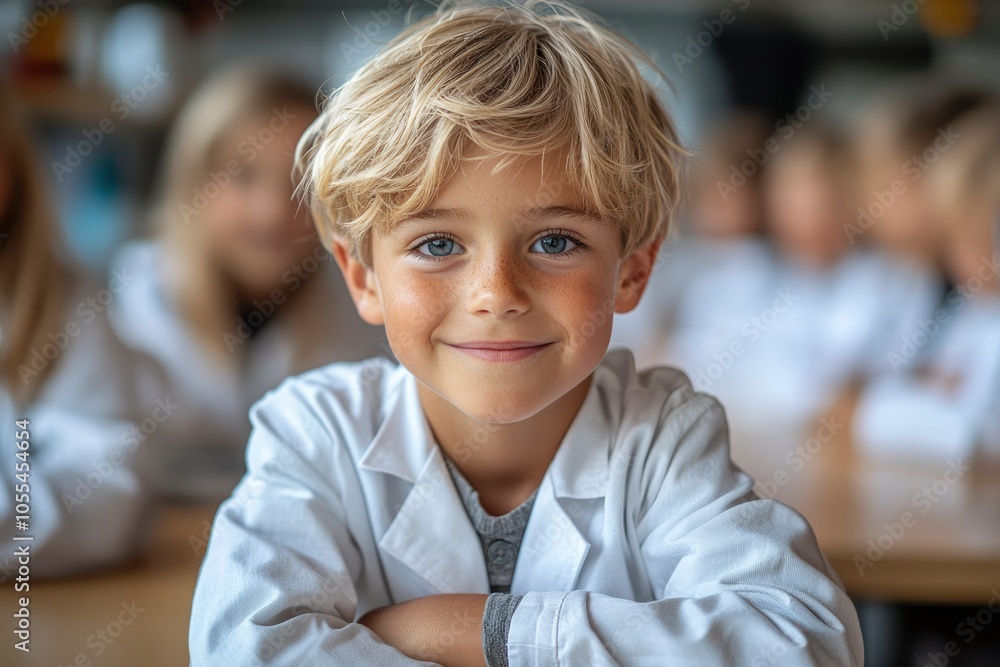 A young boy with blond hair and freckles wearing a white lab coat smiles while sitting in a classroom. A young boy with blond hair and freckles wearing a white lab coat smiles while sitting in a classroom.