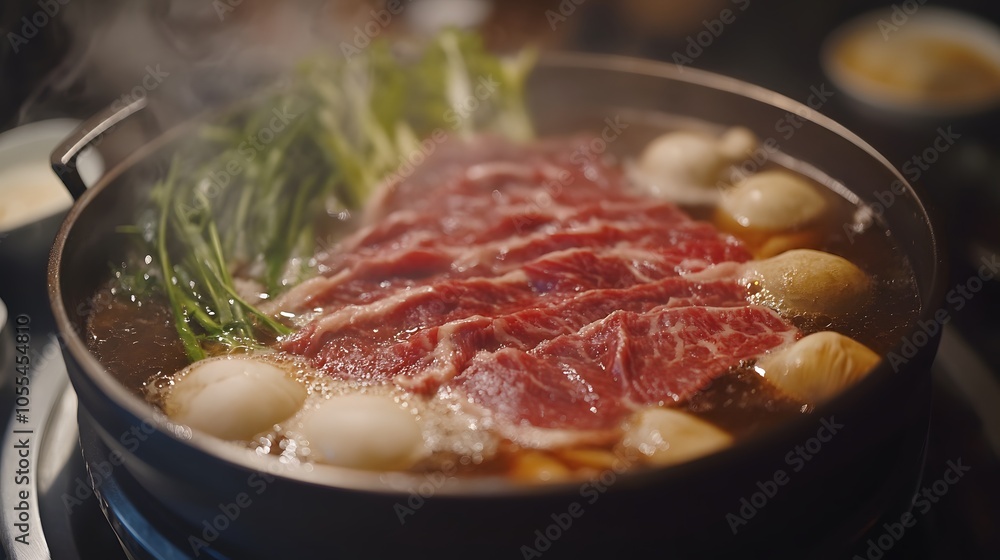 A serving of shabu-shabu, thinly sliced beef cooked quickly in hot broth, served with dipping sauces and vegetables.
A serving of shabu-shabu, thinly sliced beef cooked quickly in hot broth, served with dipping sauces and vegetables.
