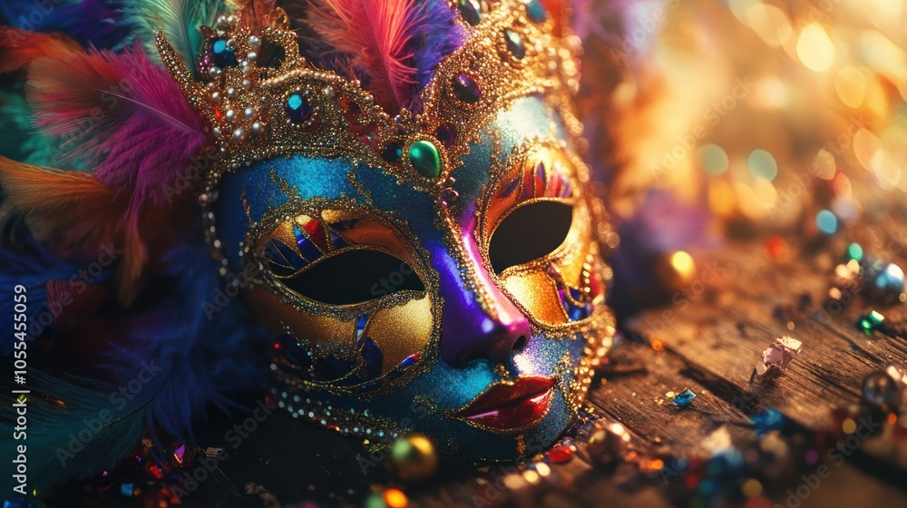 Naklejka premium decorative mask resting on a wooden table,