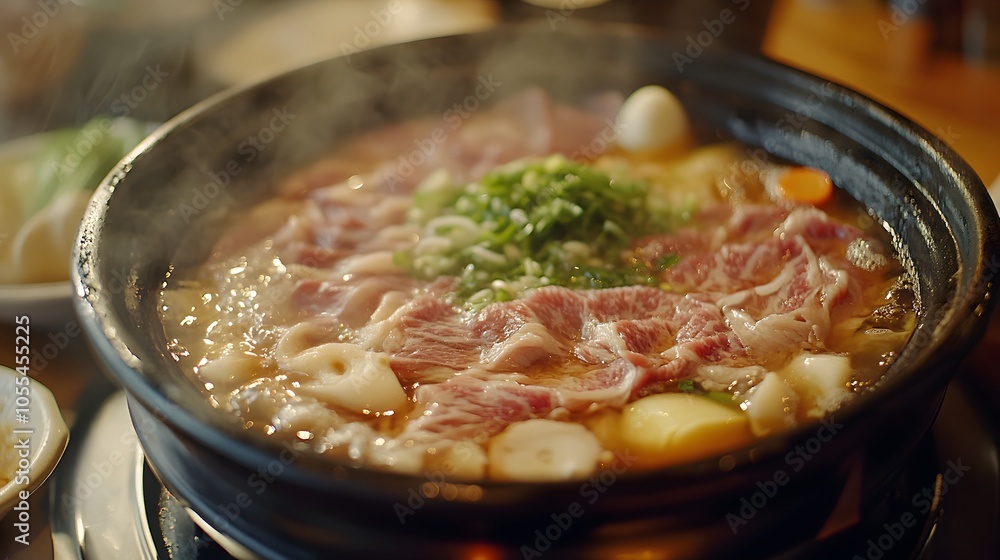 A serving of shabu-shabu, thinly sliced beef cooked quickly in hot broth, served with dipping sauces and vegetables.
A serving of shabu-shabu, thinly sliced beef cooked quickly in hot broth, served with dipping sauces and vegetables.
