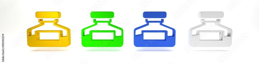 Colorful Ink bottle icon isolated on white background. Calligraphy supplies for fountain pen. Minimalism concept. 3D render illustration Colorful Ink bottle icon isolated on white background. Calligraphy supplies for fountain pen. Minimalism concept. 3D render illustration