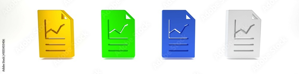 Colorful Document with graph chart icon isolated on white background. Report text file icon. Accounting sign. Audit, analysis, planning. Minimalism concept. 3D render illustration Colorful Document with graph chart icon isolated on white background. Report text file icon. Accounting sign. Audit, analysis, planning. Minimalism concept. 3D render illustration