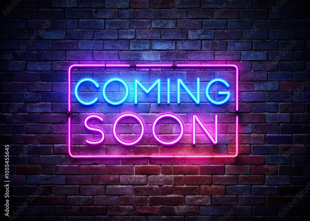 Glowing Neon Text Sign on Dark Brick Wall - Coming Soon - Urban Landscape Photography Glowing Neon Text Sign on Dark Brick Wall - Coming Soon - Urban Landscape Photography