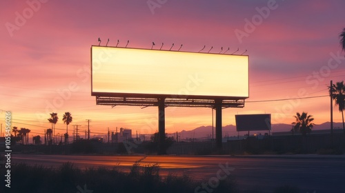 Blank outdoor advertising billboard at dusk, framed by soft sunset hues, ideal for large-scale marketing designs.