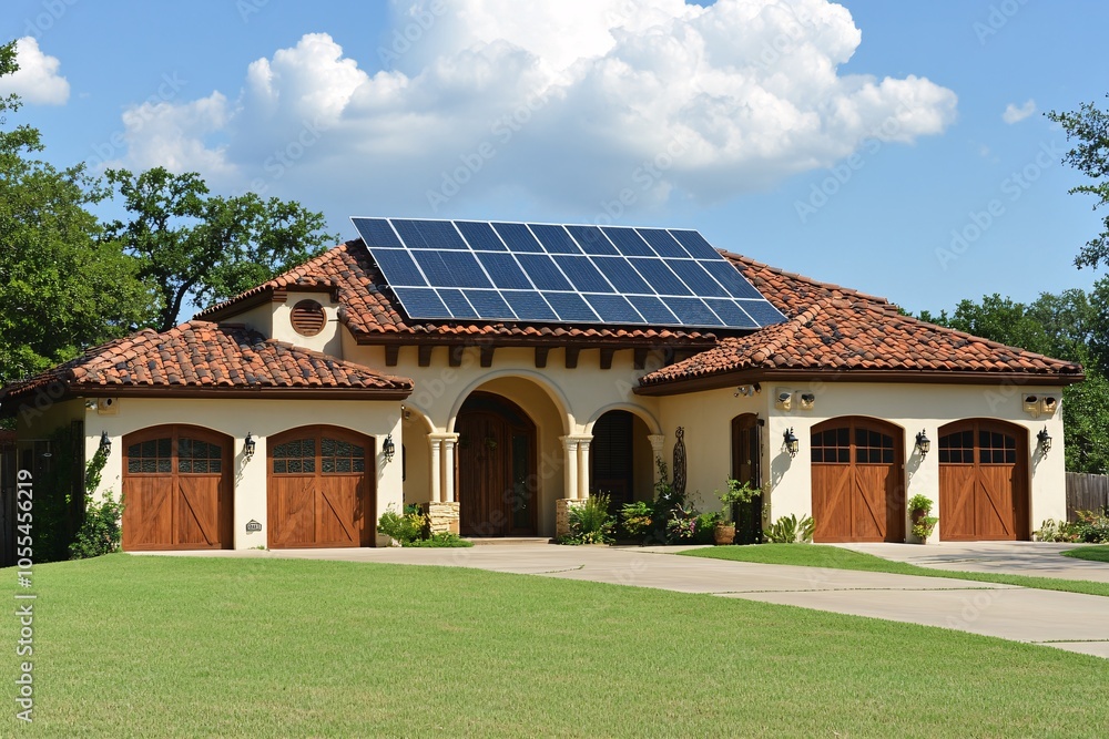 A modern residential home with solar panels in a sunny neighborhood showcasing sustainable energy solutions A modern residential home with solar panels in a sunny neighborhood showcasing sustainable energy solutions