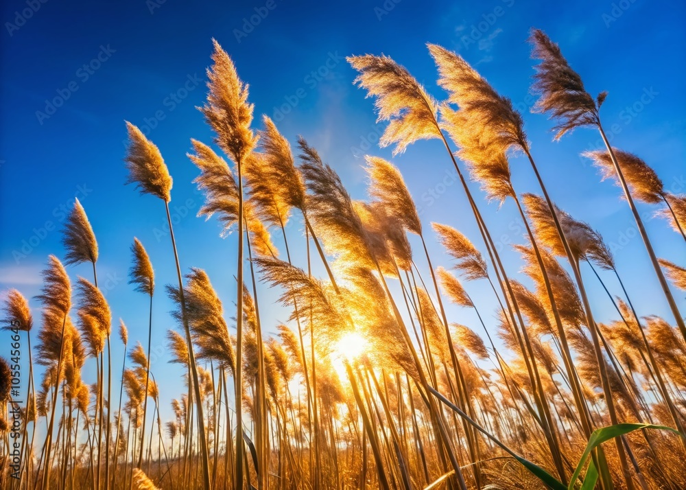 Golden Reed Waves in the Wind Against a Blue Sky - Nature's Serenity Captured in Documentary Photography Golden Reed Waves in the Wind Against a Blue Sky - Nature's Serenity Captured in Documentary Photography