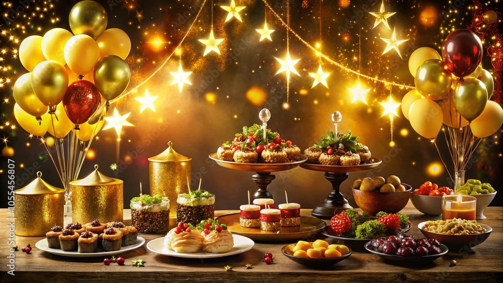 Golden Sale Announcement with Balloons and Stars - Festive Food Photography for Promotions Golden Sale Announcement with Balloons and Stars - Festive Food Photography for Promotions