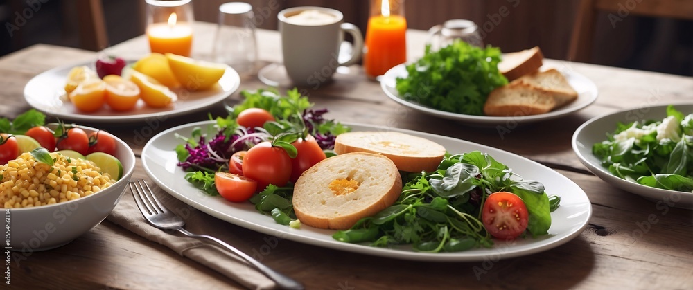 Rustic cafe scene showing a balanced vegetarian meal with vibrant, fresh ingredients, ideal for healthy eating and dieting Rustic cafe scene showing a balanced vegetarian meal with vibrant, fresh ingredients, ideal for healthy eating and dieting