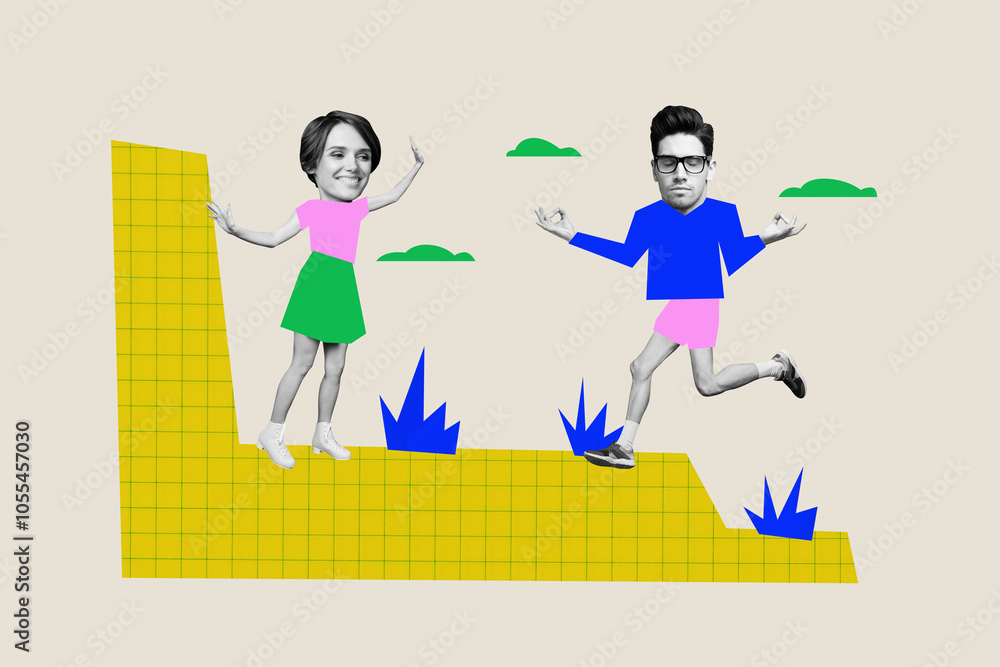 Fototapeta premium Composite photo collage of two happy girl guy run jogging healthy lifestyle yoga retreat hobby marathon isolated on painted background