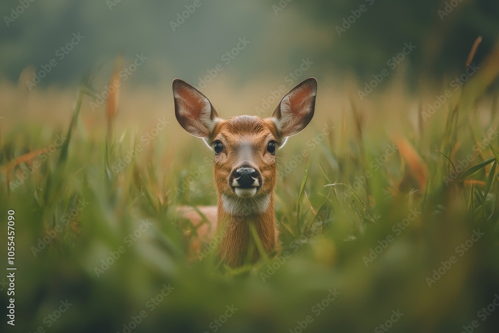 A young deer peeks through tall green grass in a serene forest setting during early morning light A young deer peeks through tall green grass in a serene forest setting during early morning light