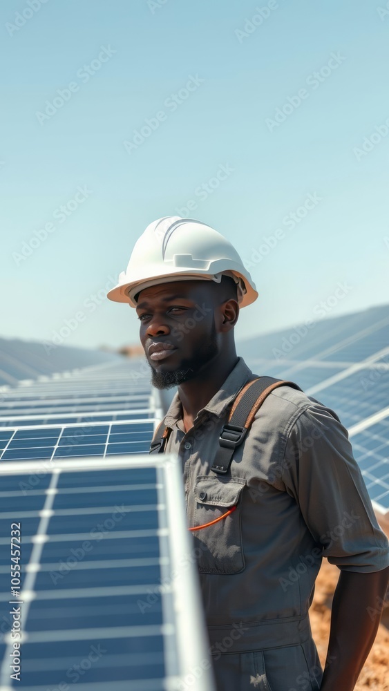 African american man in white helmet and grey overalls standing among rows of solar panels solar panel Ultra realistic Photorealistic African american man in white helmet and grey overalls standing among rows of solar panels solar panel Ultra realistic Photorealistic